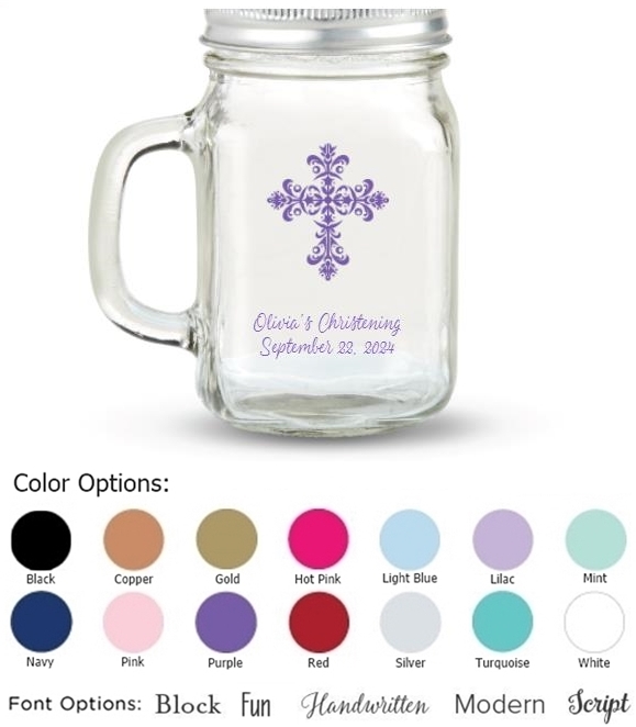 Kate Aspen Ornate Cross Design Personalized 12oz Mason Jar with Lid