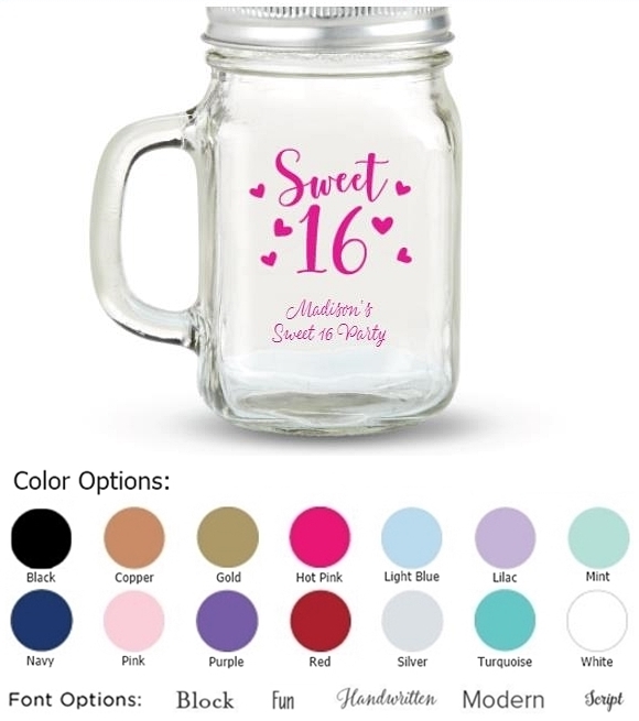 Kate Aspen Sweet 16 Hearts Design Personalized 12oz Mason Jar with Lid