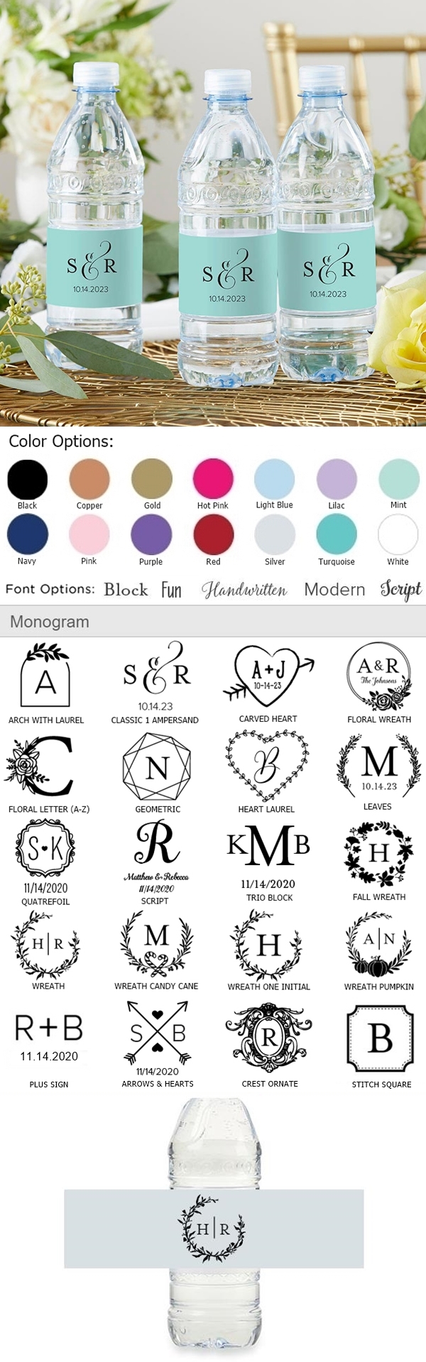 Kate Aspen Personalized Water Bottle Labels (Monogram Designs)