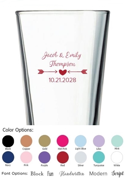 Kate Aspen "Arrows with Heart" Design Personalized 16oz Pint Glass