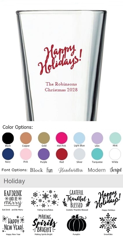 Kate Aspen Personalized 16oz Pint Glasses (Holiday Designs)