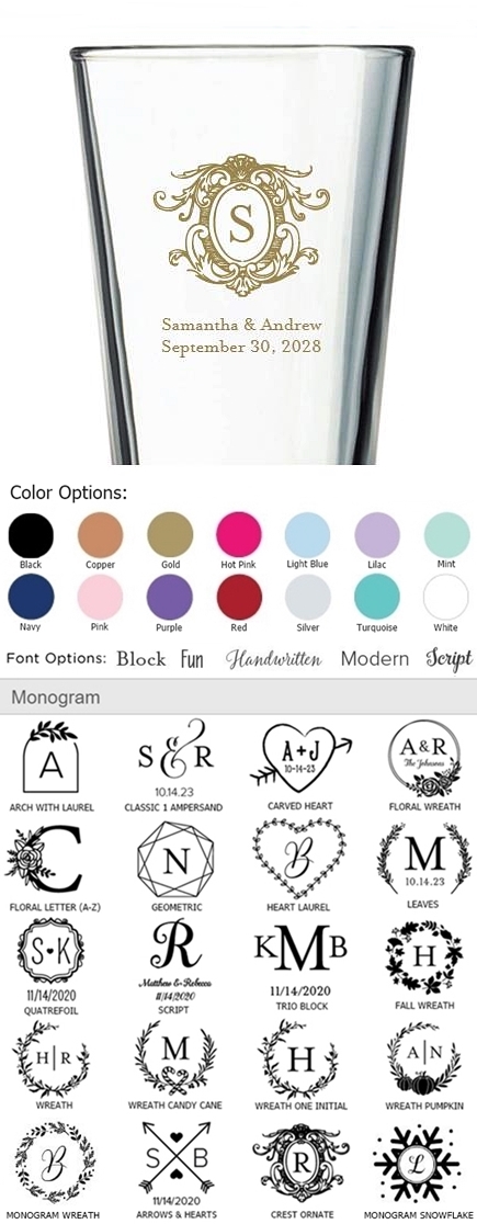 Kate Aspen Personalized 16oz Pint Glasses (Monogram Designs)