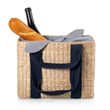 Woven-Seagrass Parisian Picnic Basket with Blue-Ticking Fabric Closure