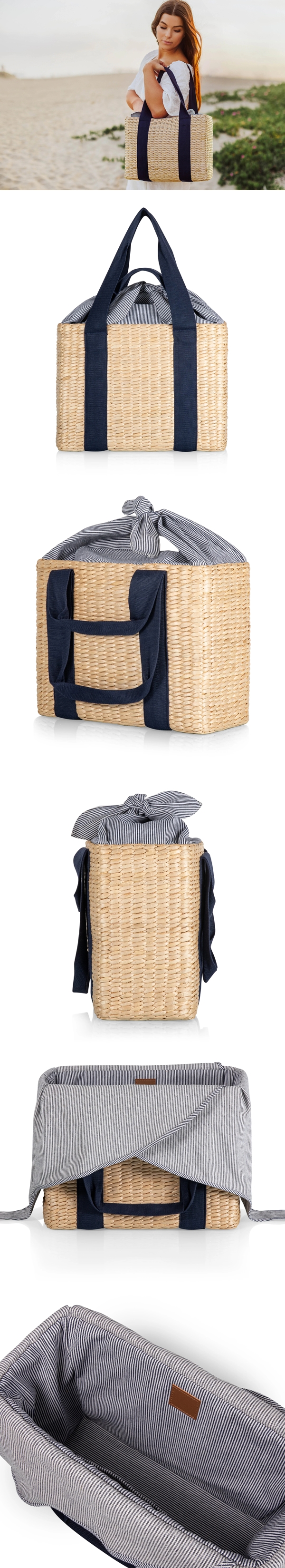 Woven-Seagrass Parisian Picnic Basket with Blue-Ticking Fabric Closure