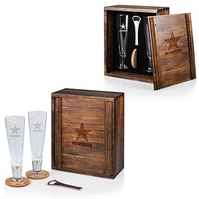 Acacia-Wood Case and Pilsner Beer Glasses Gift Set with NFL Team Logo