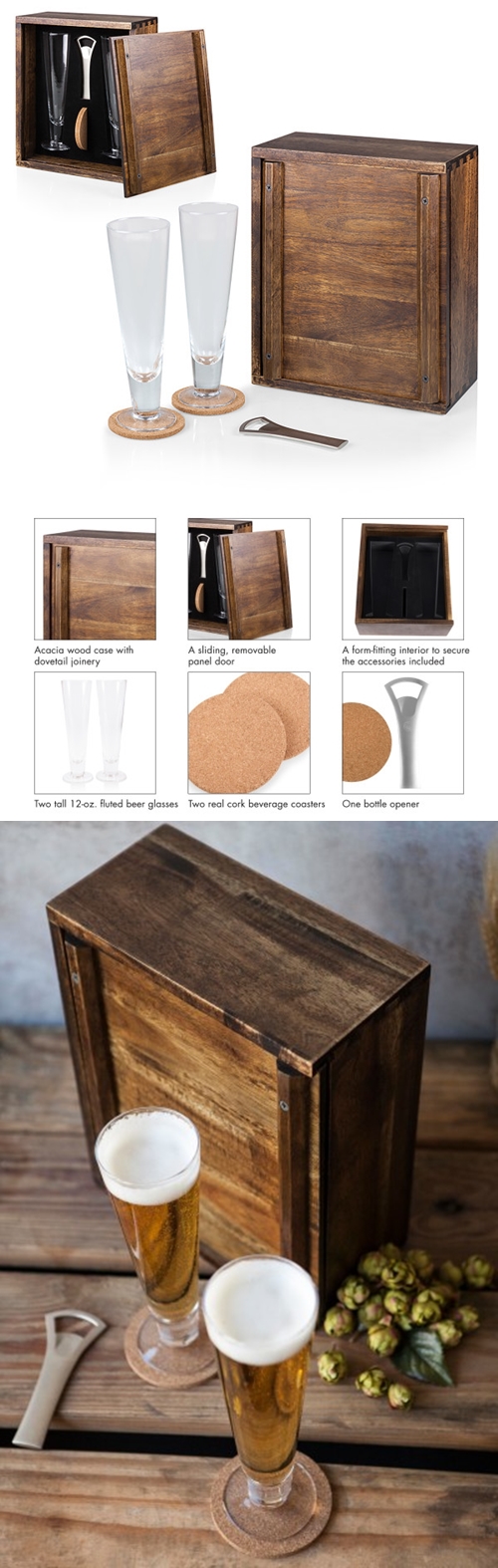Legacy Acacia-Wood Case and Pilsner Beer Glasses Gift Set