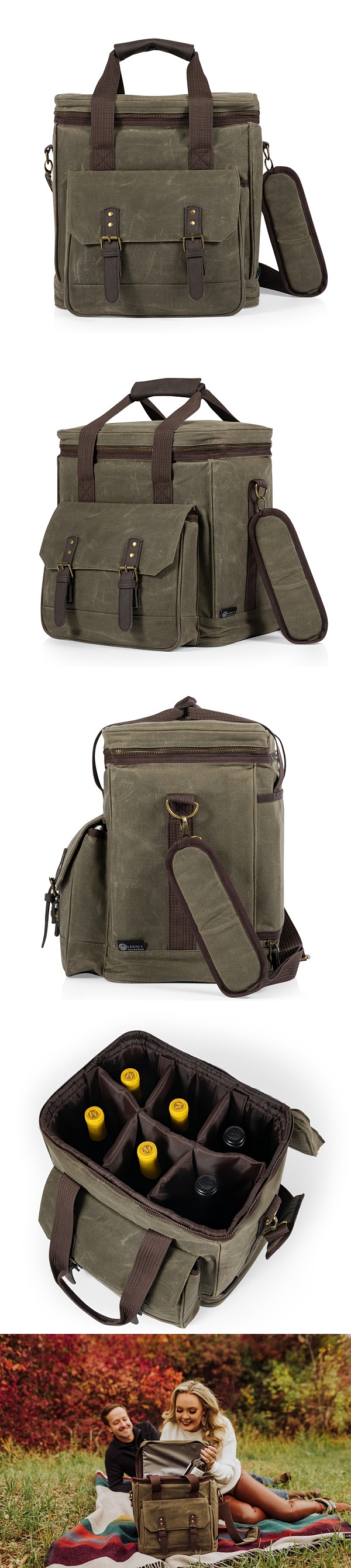 Legacy Weekender 6-Bottle Khaki-Green Waxed-Canvas Insulated Wine Bag