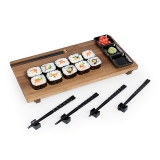 Toscana Acacia-Wood Sushi Serving Board with Chopsticks and Ceramic Dip Bowls