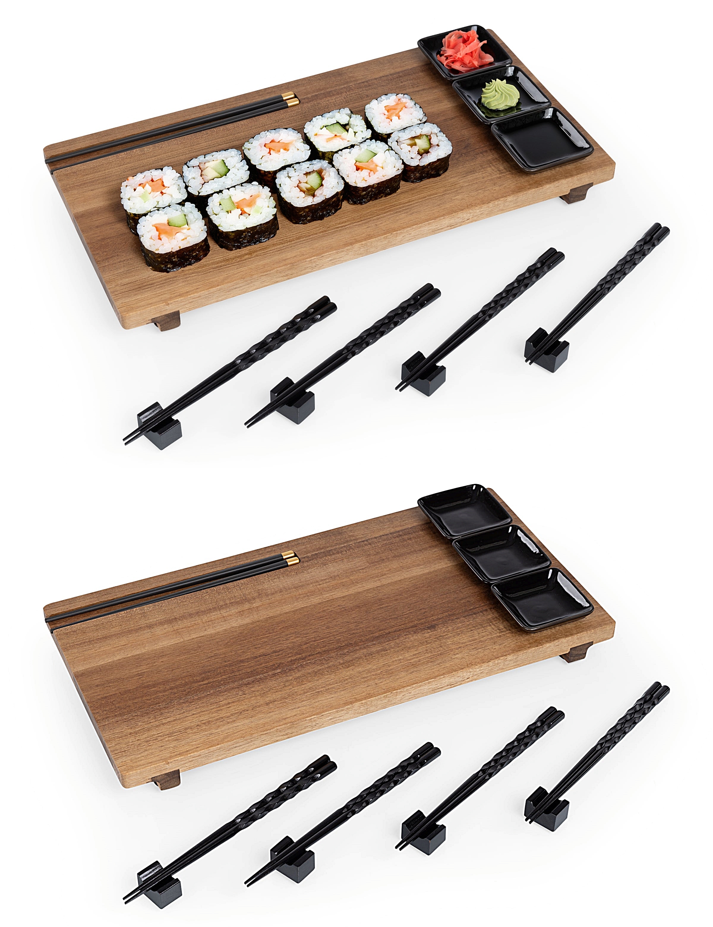 Toscana Acacia-Wood Sushi Serving Board with Chopsticks and Ceramic Dip Bowls