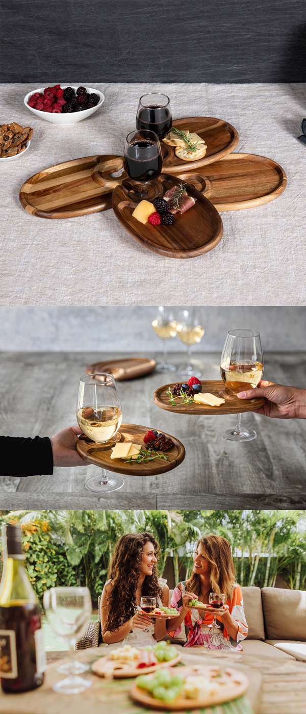 Toscana Acacia-Wood Wine-Glass-Holding Appetizer Plates (Set of 4)