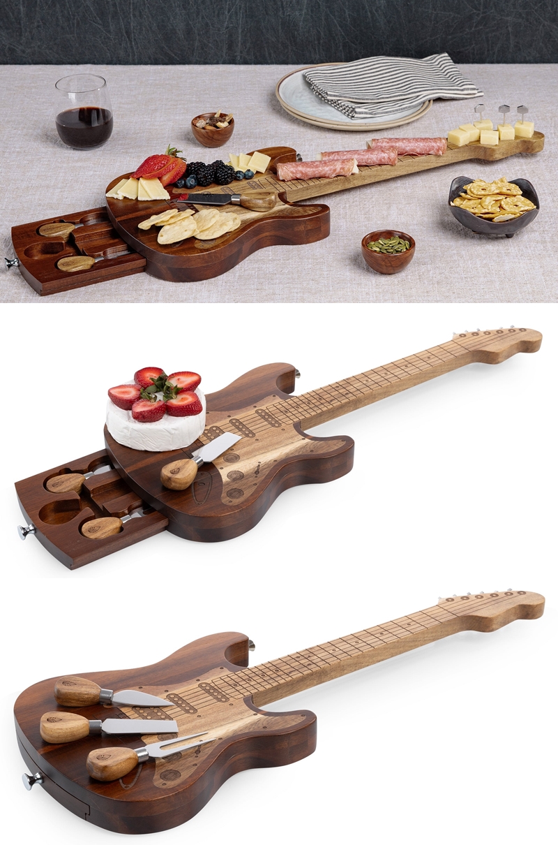 Toscana Acacia-Wood "Guitar Legend" Cheese Board & Hidden Tools Set