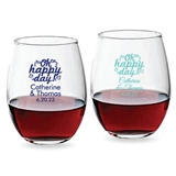 Personalized 9oz 'Oh Happy Day' Ornate Design Stemless Wine Glasses
