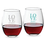Personalized 9oz Classic Stacked LOVE Design Stemless Wine Glasses