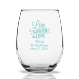 Personalized 15oz 'Live, Laugh & Love' Banner Stemless Wine Glasses