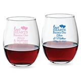 Personalized 9oz 'Two Hearts Become One' Design Stemless Wine Glass