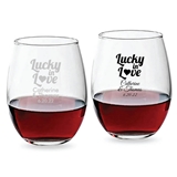 Personalized 9oz 'Lucky in Love' Heart Design Stemless Wine Glass