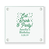 Personalized 'Eat Drink & Party' Design Square Glass Coasters