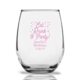 Personalized 15oz 'Eat Drink & Party' Design Stemless Wine Glasses