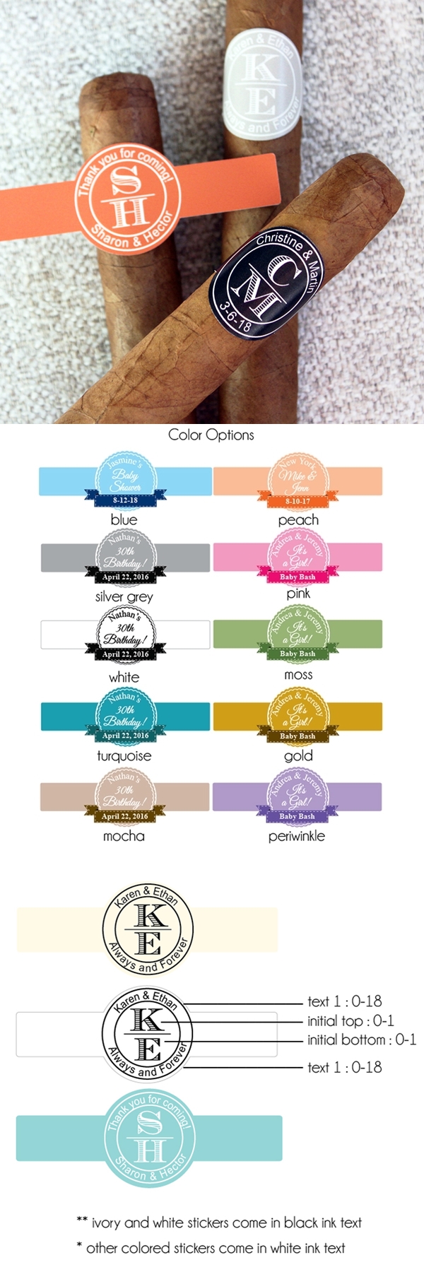 Personalized Stacked Monogram Cigar Stickers (10 Colors) (Set of 20)