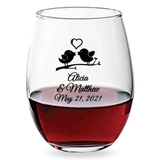 Personalized 15oz Kissing Love Birds Design Stemless Wine Glasses
