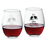 Personalized 9oz Kissing Love Birds Design Stemless Wine Glasses
