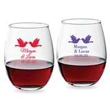 Personalized 9oz Loving Doves Design Stemless Wine Glasses