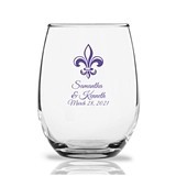 Personalized 15oz Fleur de lis Design Stemless Wine Glasses