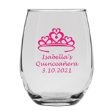 Personalized 15oz Quince Crown of Hearts Design Stemless Wine Glasses
