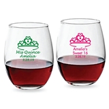 Personalized 9oz Quince Crown of Hearts Design Stemless Wine Glasses