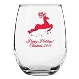 Personalized 15oz Leaping Reindeer Design Stemless Wine Glass