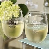 Personalized 9oz 'Wedding Words' Stemless Wine Glasses (25 Designs)