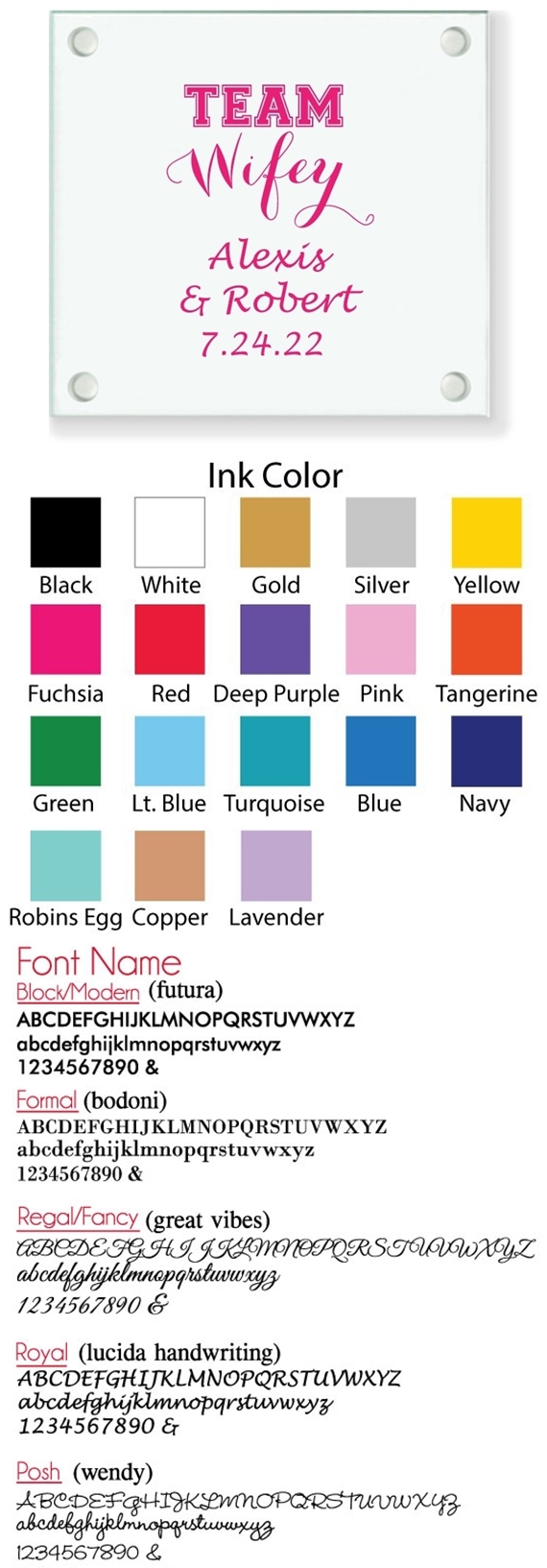 Personalized 'Team Wifey' Design Glass Coaster (18 Ink Colors)