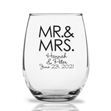 Personalized 15oz Block "Mr. & Mrs." Stemless Wine Glasses