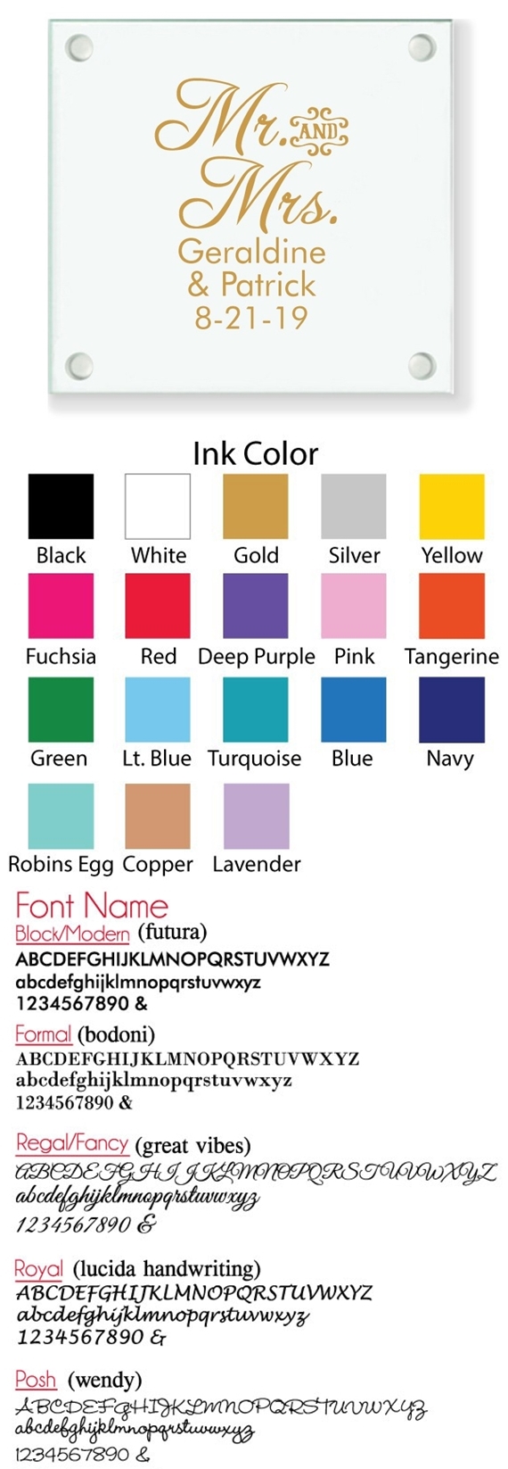 Personalized Script 'Mr & Mrs' Design Glass Coaster (18 Ink Colors)