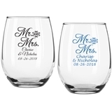 Personalized Script "Mr. & Mrs." 9 oz Stemless Wine Glasses