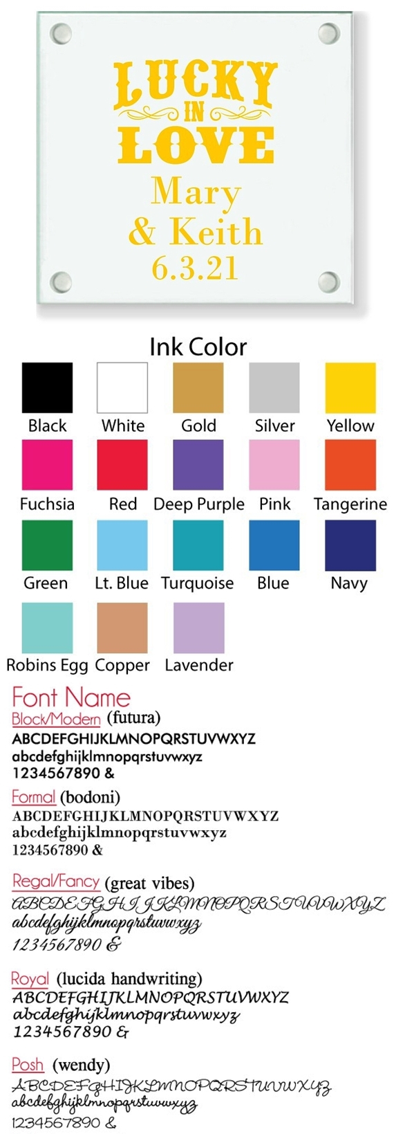 Personalized 'Lucky in Love' Design Glass Coaster (18 Ink Colors)