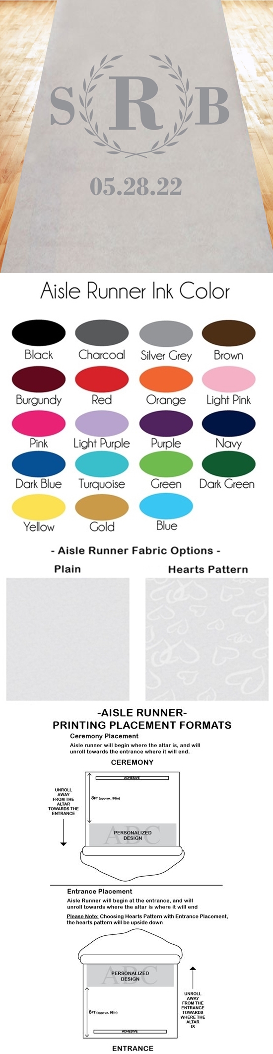 Classic Wreath Monogram Design Personalized Aisle Runner (19 Colors)