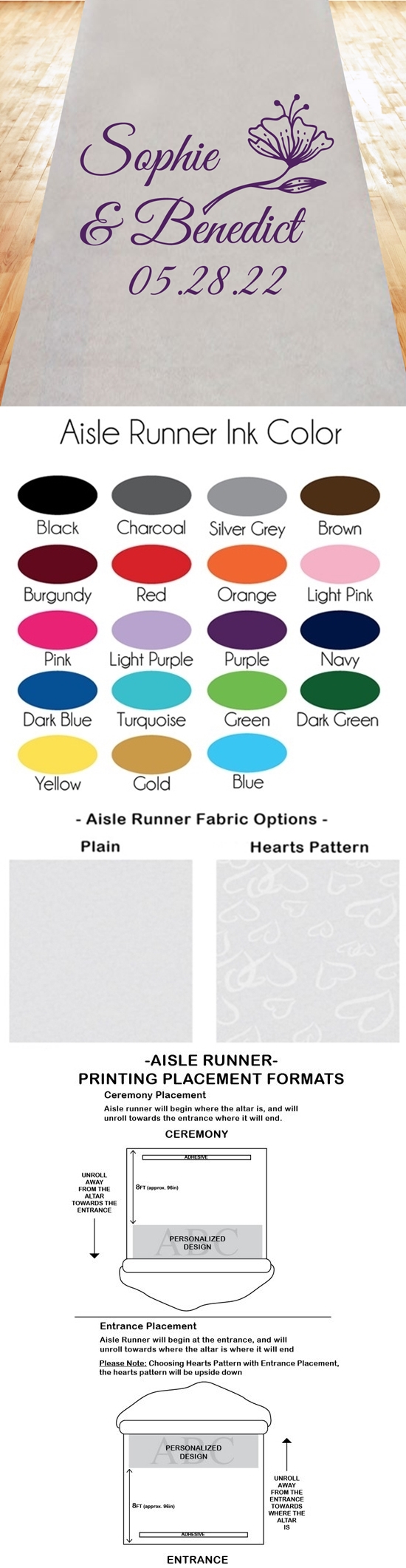 Delicate Woodlands Flower Design Personalized Aisle Runner (19 Colors)