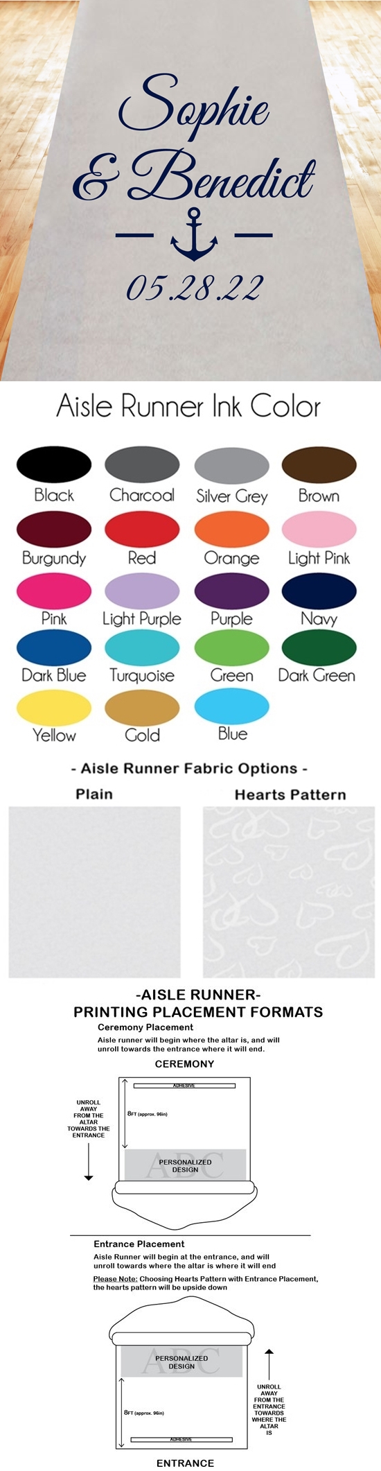 Classic Nautical Anchor Design Personalized Aisle Runner (19 Colors)