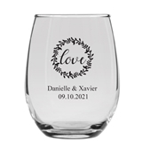 Personalized 15oz Modern 'Love' Wreath Design Stemless Wine Glass