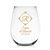 Initial in Oriental Border Design Personalized 9oz Stemless Wine Glass