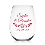Vintage-Look Laurel Design Personalized 9 oz Stemless Wine Glass