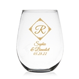 Initial in Oriental Border Design Personalized 9oz Stemless Wine Glass