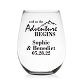 And So the Adventure Begins Personalized 9 oz Stemless Wine Glass
