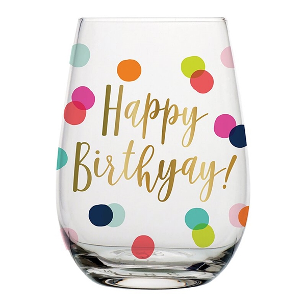 Happy Birthyay! Polka Dots Motif 20oz Stemless Wine Glasses (Set of 6)