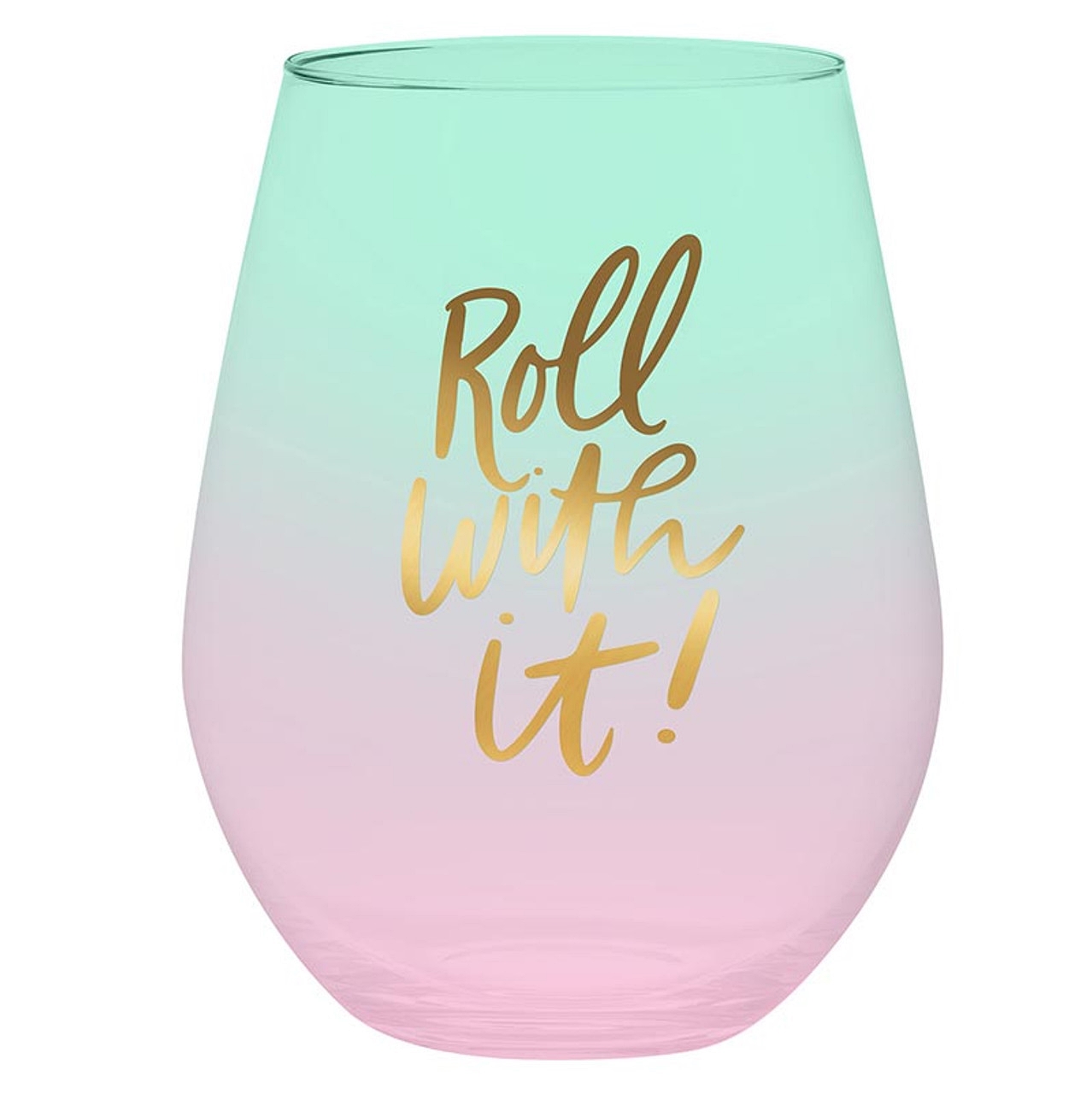 'Roll With It!' Design Ombre-Background 30oz Stemless Wine Glasses (Set of 4)