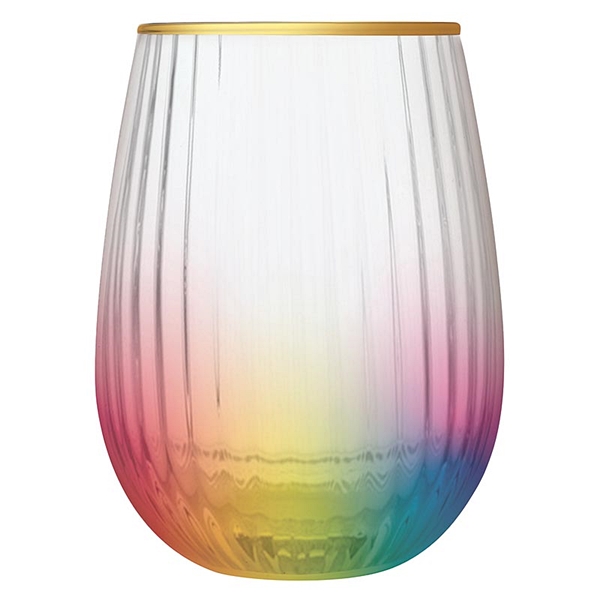Gold-Rimmed 20oz Beveled Rainbow Motif Stemless Wine Glasses (Set of 4)