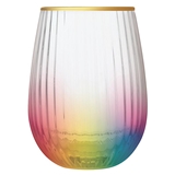 Gold-Rimmed 20oz Beveled Rainbow Motif Stemless Wine Glasses (Set of 4)