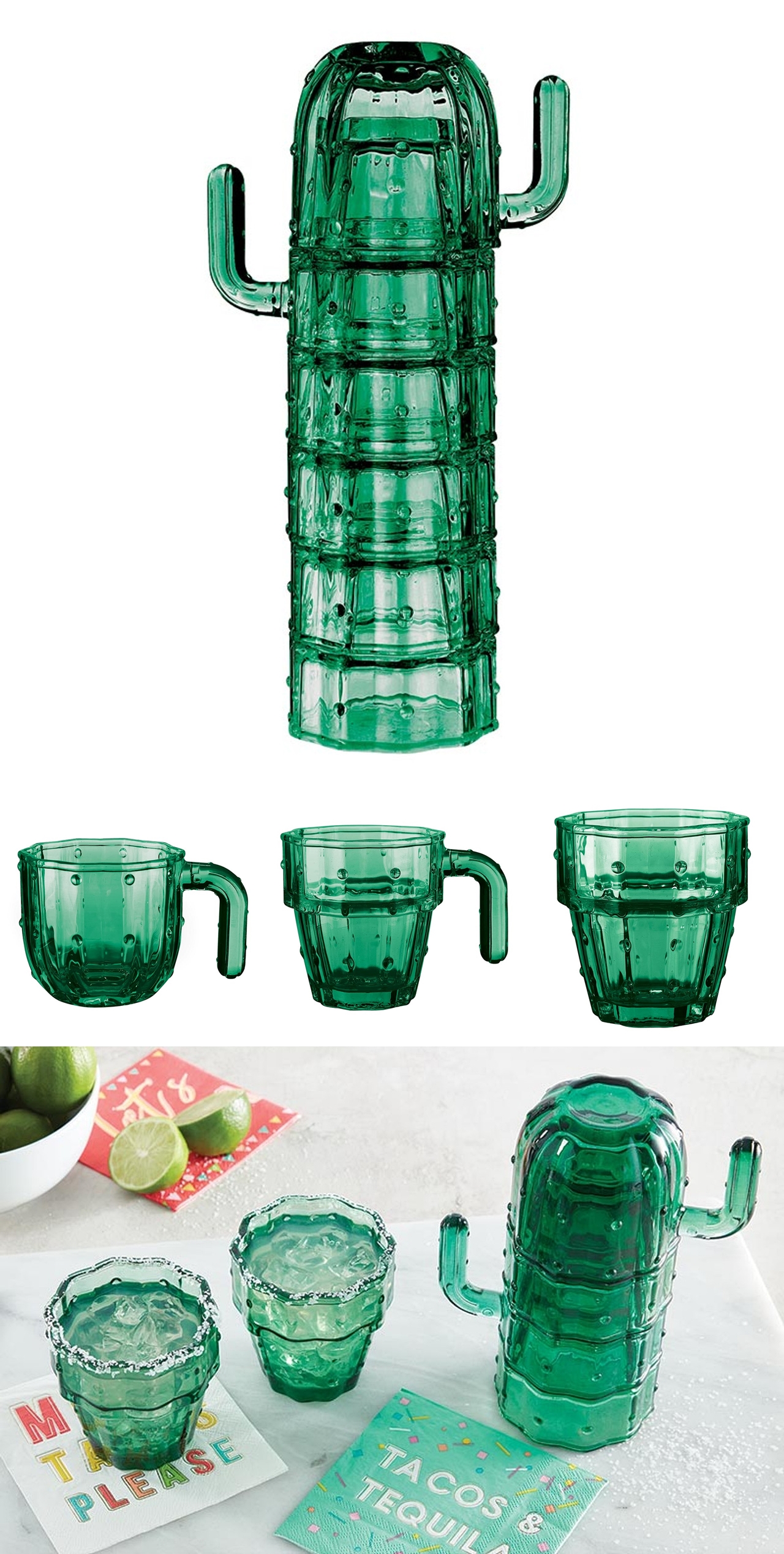 Adorable Stackable Saguaro Cactus Glasses (Set of 6 with Carrying Case)