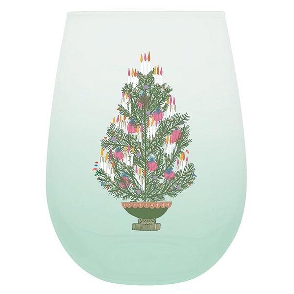 Vintage Christmas Tree Design 20oz Stemless Wine Glasses (Set of 4)